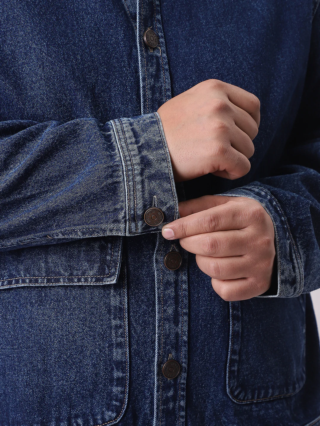 Plus Men's Blue Relaxed Fit Full Sleeve Utility Denim Jacket - Image 6