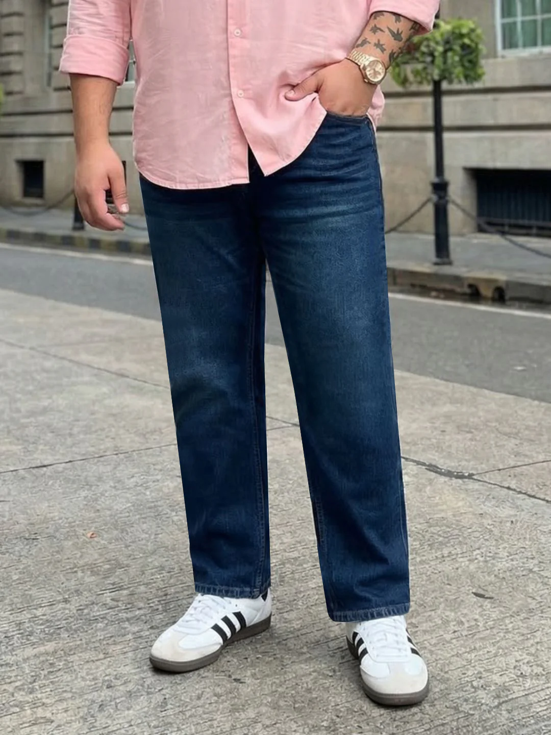 Plus Men's Blue Relaxed Fit Washed Denim Jeans Non-Stretchable