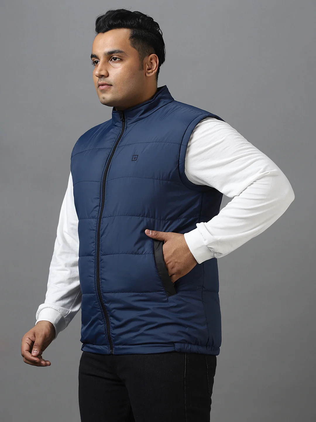 Plus Men's Blue Sleeveless Zippered Puffer Jacket - Image 3