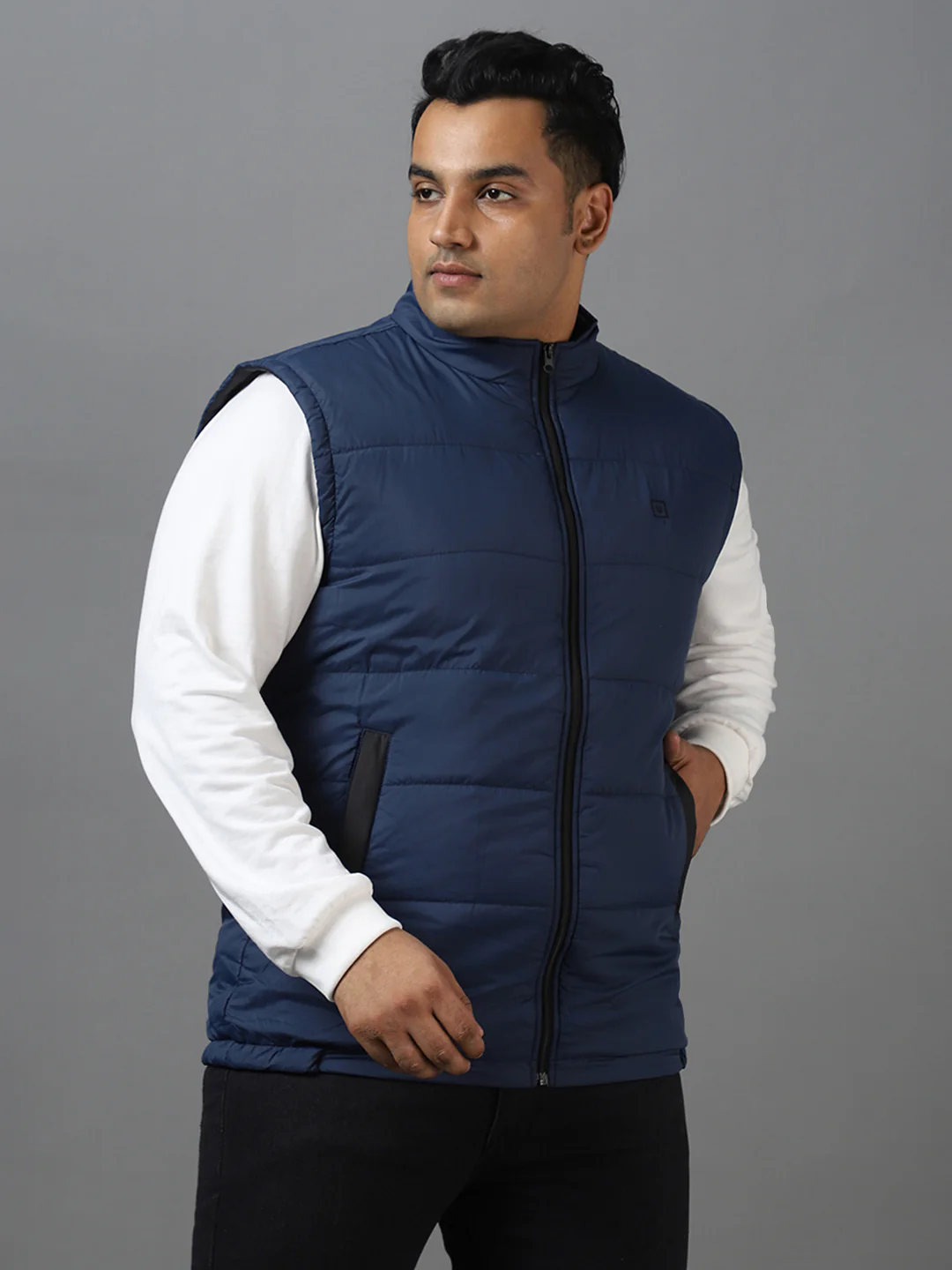 Plus Men's Blue Sleeveless Zippered Puffer Jacket - Image 4