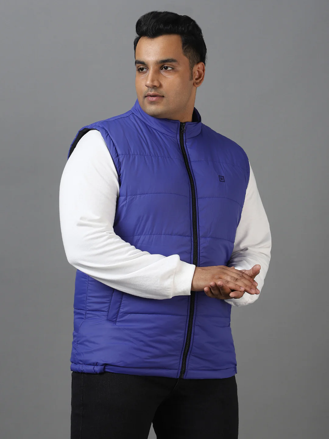Plus Men's Blue Sleeveless Zippered Puffer Jacket - Image 4