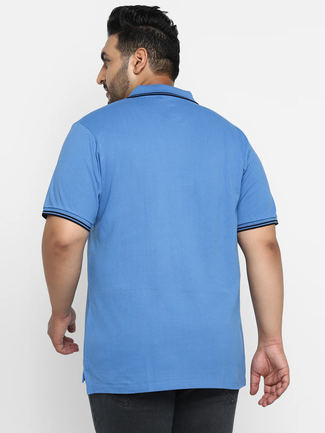 Plus Men's Blue Solid Regular Fit Half Sleeve Cotton Polo T-Shirt - Image 3