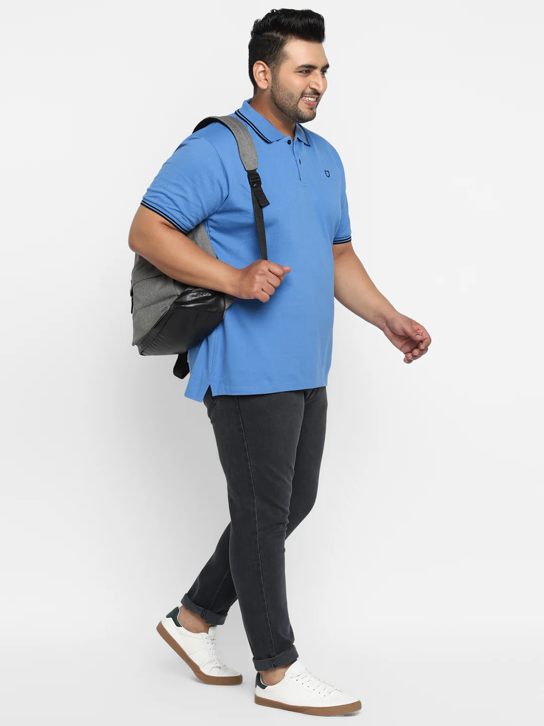 Plus Men's Blue Solid Regular Fit Half Sleeve Cotton Polo T-Shirt - Image 4