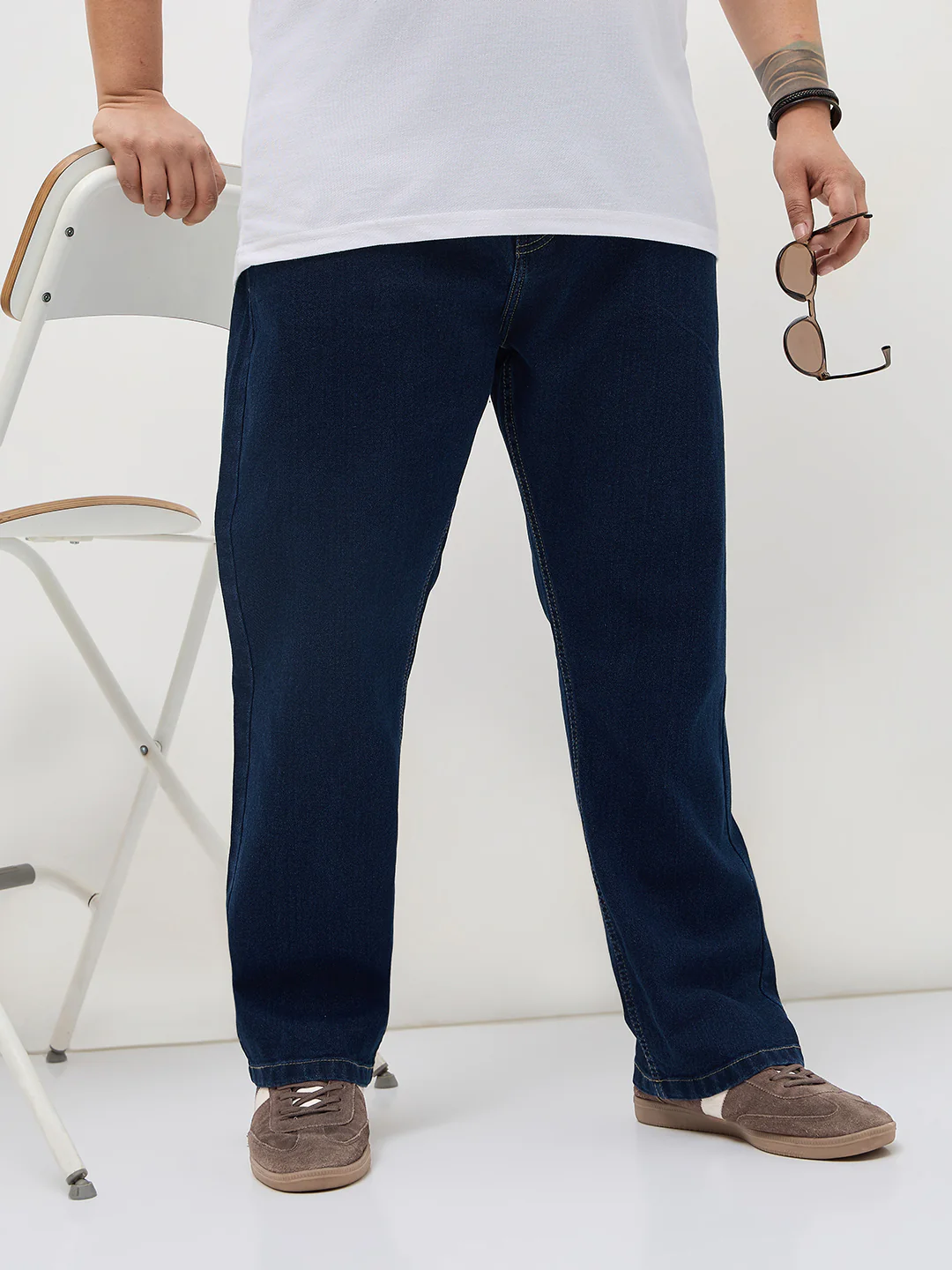 Plus Men's Blue Straight Fit Raw Washed Denim Jeans Stretchable