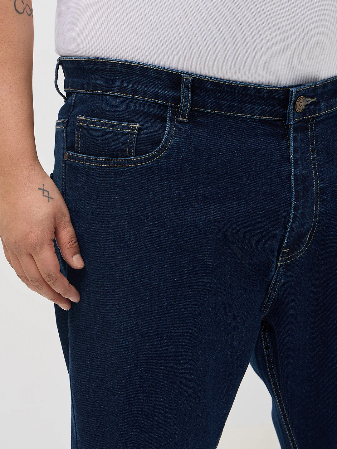Plus Men's Blue Straight Fit Raw Washed Denim Jeans Stretchable - Image 5