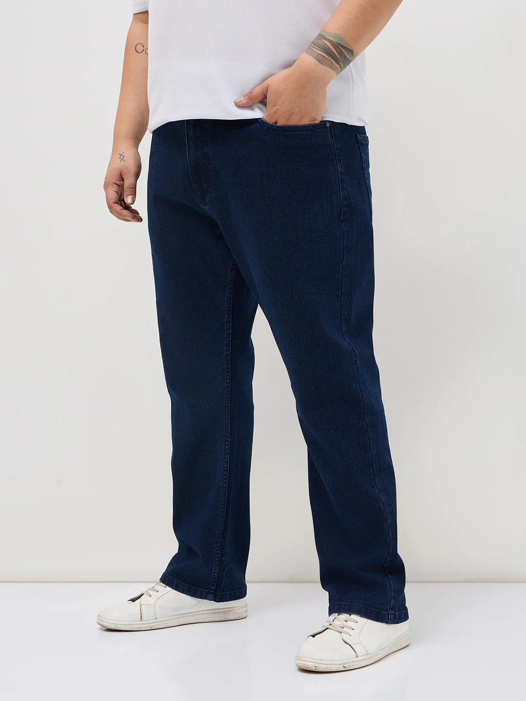 Plus Men's Blue Straight Fit Raw Washed Denim Jeans Stretchable - Image 2