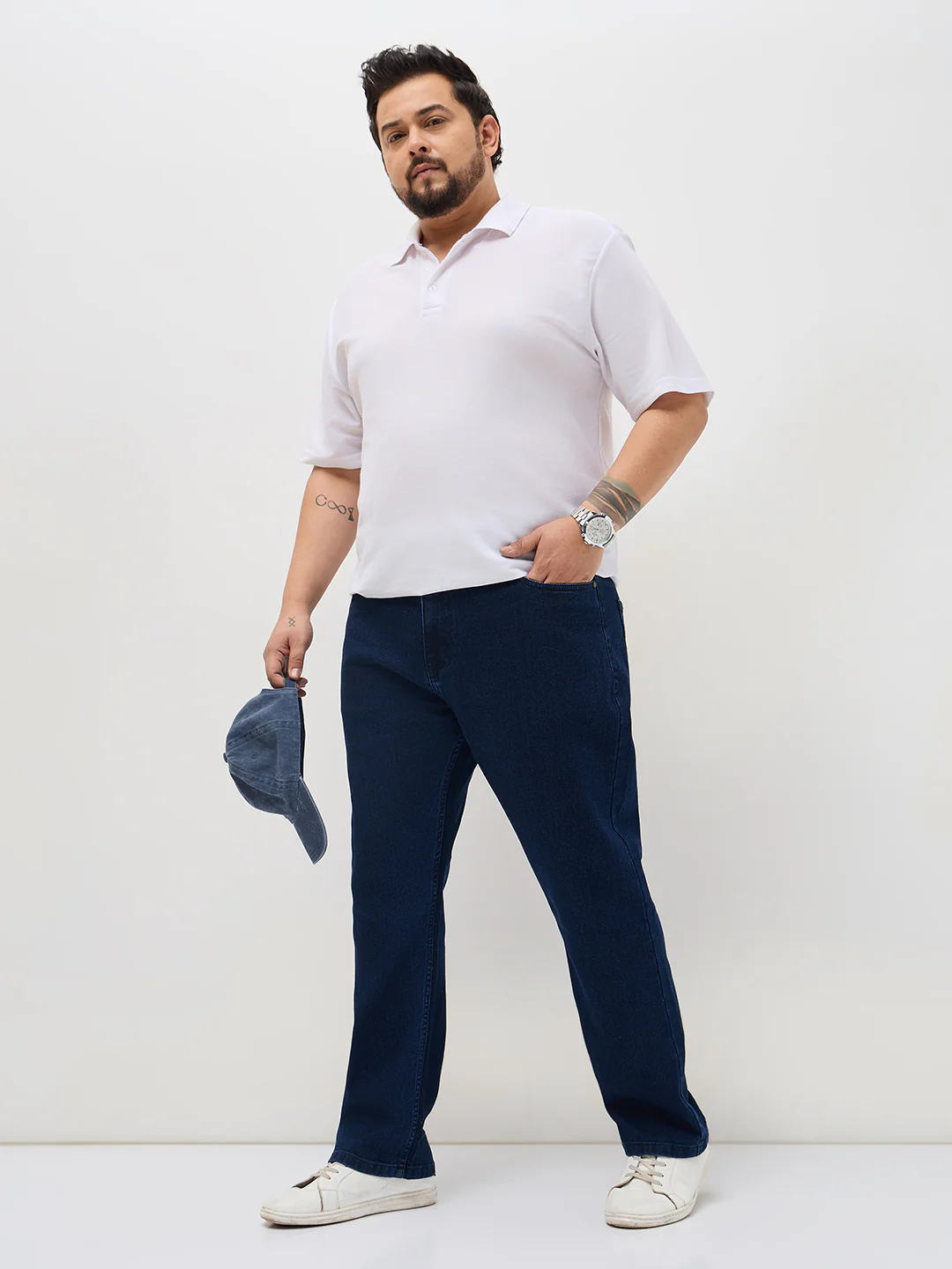 Plus Men's Blue Straight Fit Raw Washed Denim Jeans Stretchable - Image 4