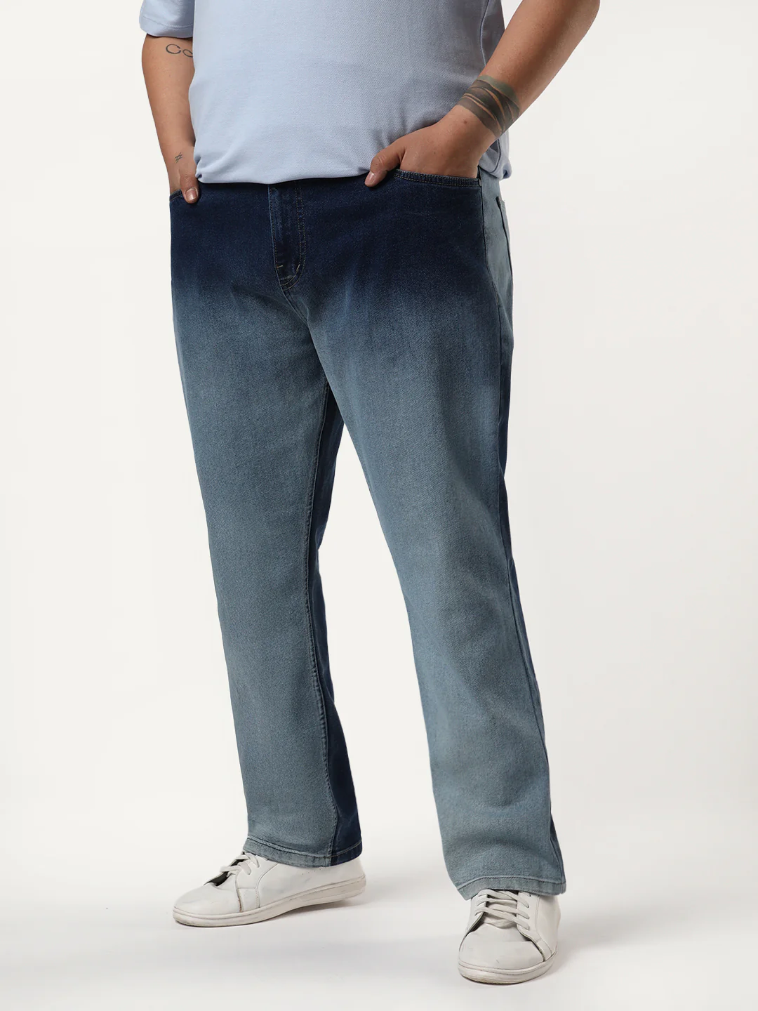 Plus Men's Blue Straight Fit Heavy Washed Faded Denim Jeans Stretchable - Image 2