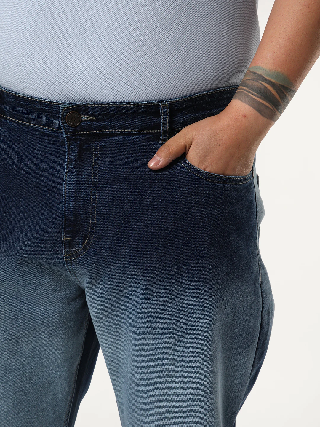 Plus Men's Blue Straight Fit Heavy Washed Faded Denim Jeans Stretchable - Image 5