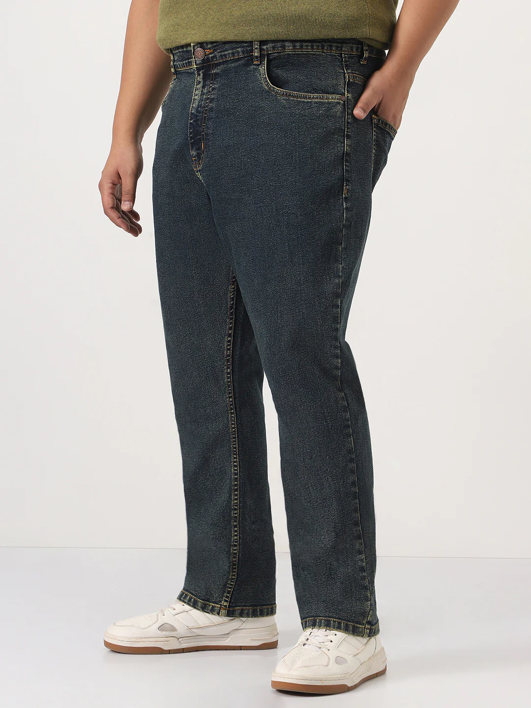 Plus Men's Blue Straight Fit Heavy Washed Jeans Stretchable - Image 2