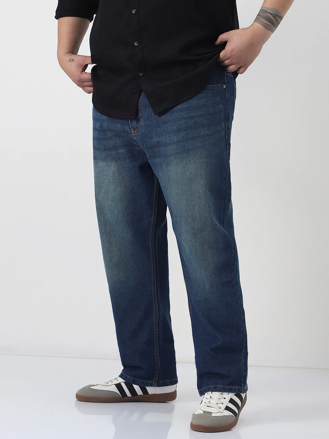 Plus Men's Blue Straight Fit Heavy Washed Jeans Stretchable - Image 2