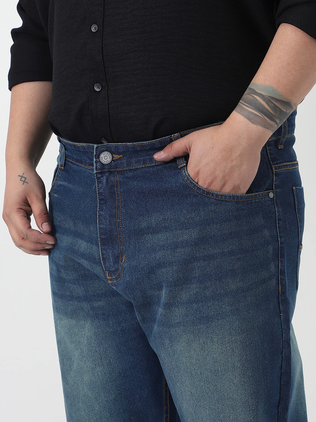 Plus Men's Blue Straight Fit Heavy Washed Jeans Stretchable - Image 5