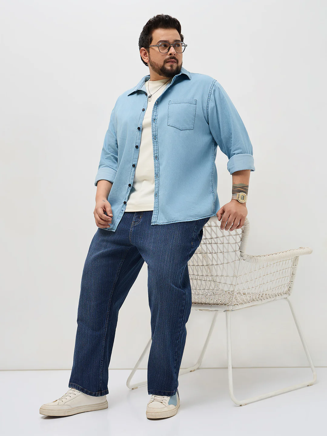 Plus Men's Blue Straight Fit Washed Denim Jeans Stretchable - Image 4