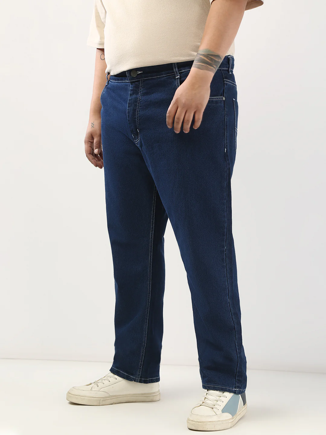 Plus Men's Blue Straight Fit Washed Jeans Stretchable - Image 2