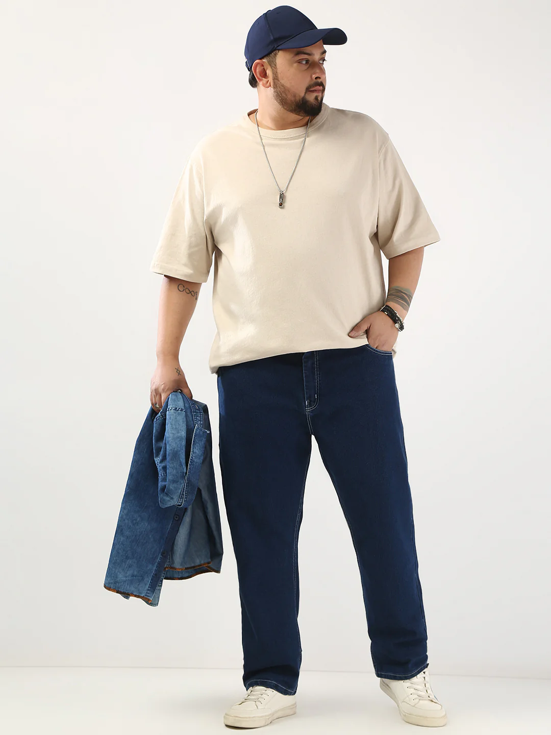 Plus Men's Blue Straight Fit Washed Jeans Stretchable - Image 4