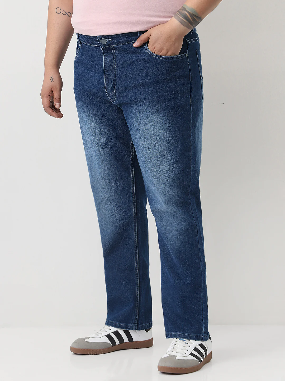 Plus Men's Blue Straight Fit Washed Jeans Stretchable - Image 3