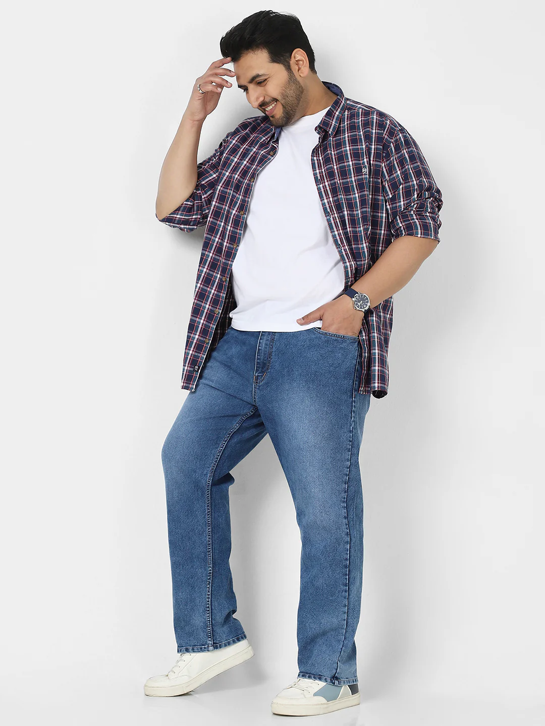 Plus Men's Blue Straight Fit Washed Jeans Stretchable - Image 4