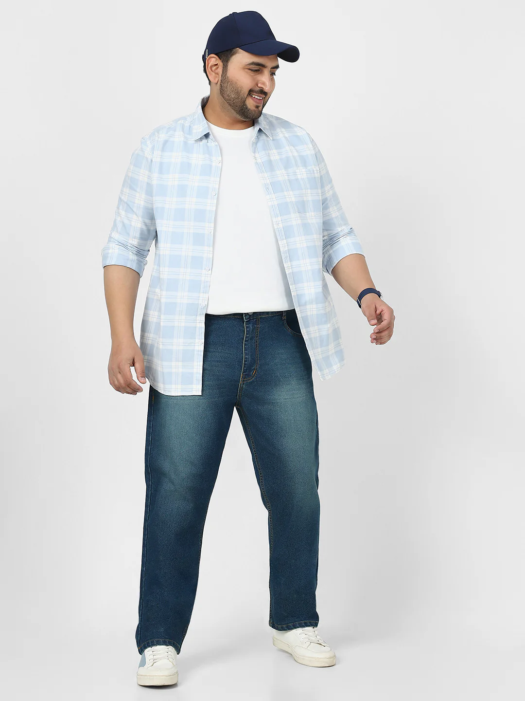 Plus Men's Blue Straight Fit Washed Jeans Stretchable - Image 4