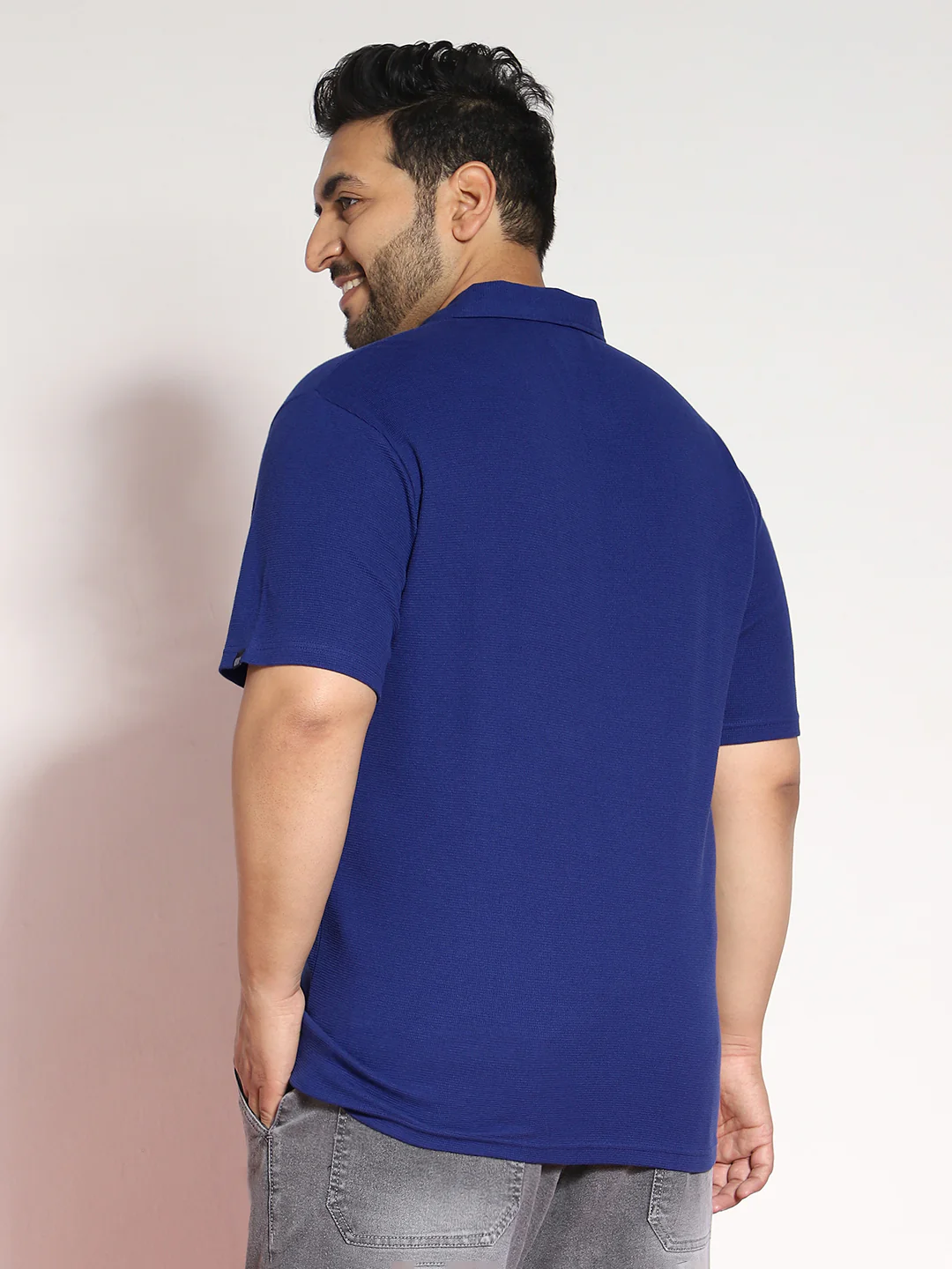Plus Men's Blue Textured Regular Fit Half Sleeve Cotton Polo T-Shirt - Image 3