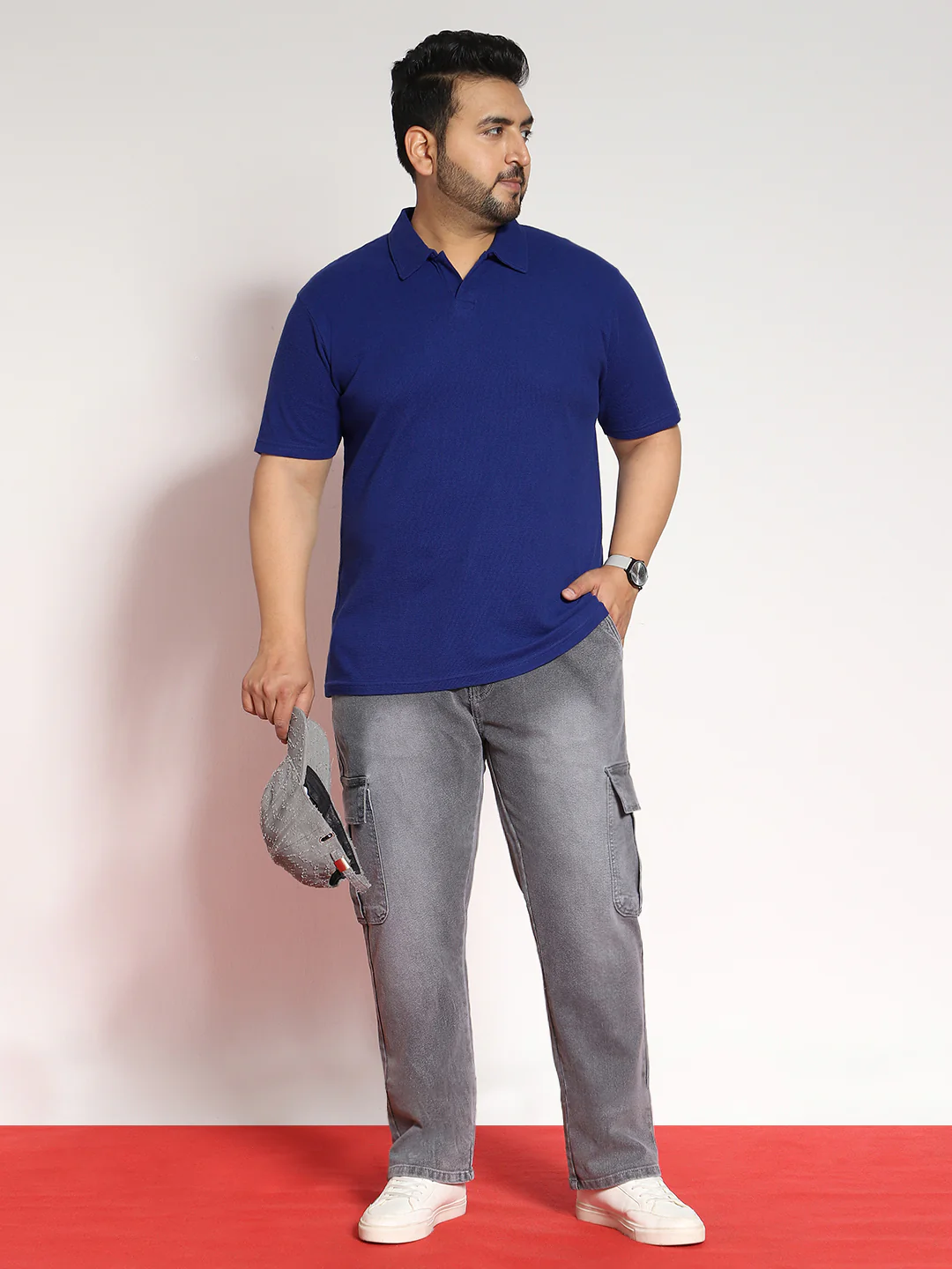 Plus Men's Blue Textured Regular Fit Half Sleeve Cotton Polo T-Shirt - Image 4