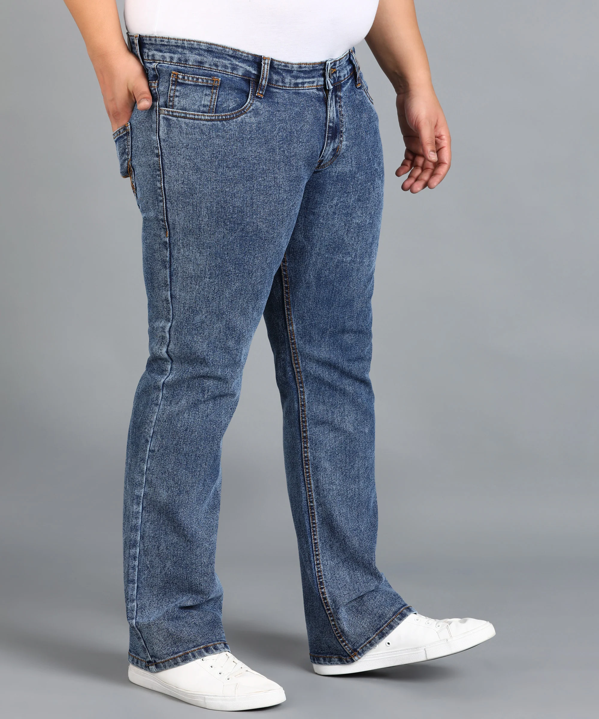 Plus Men's Blue Washed Bootcut Jeans Stretchable - Image 3