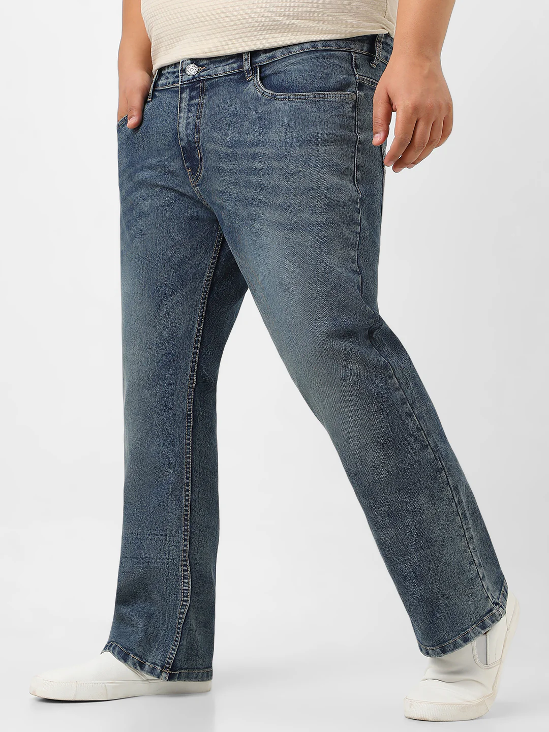 Plus Men's Blue Washed Bootcut Jeans Stretchable - Image 2