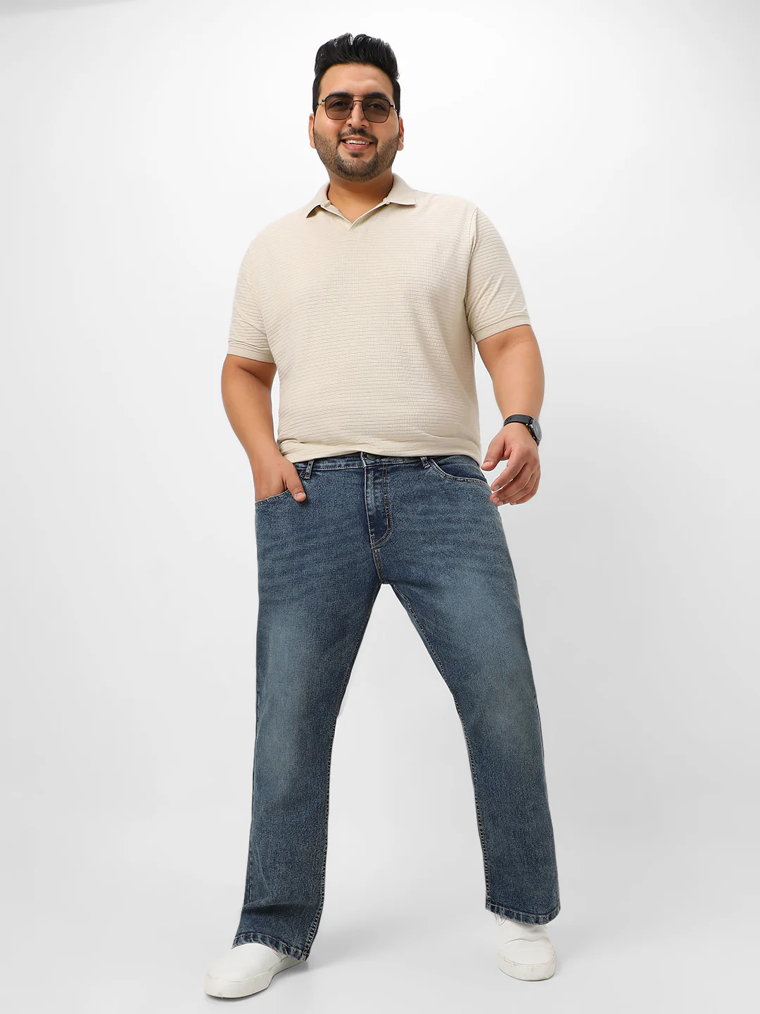 Plus Men's Blue Washed Bootcut Jeans Stretchable - Image 4