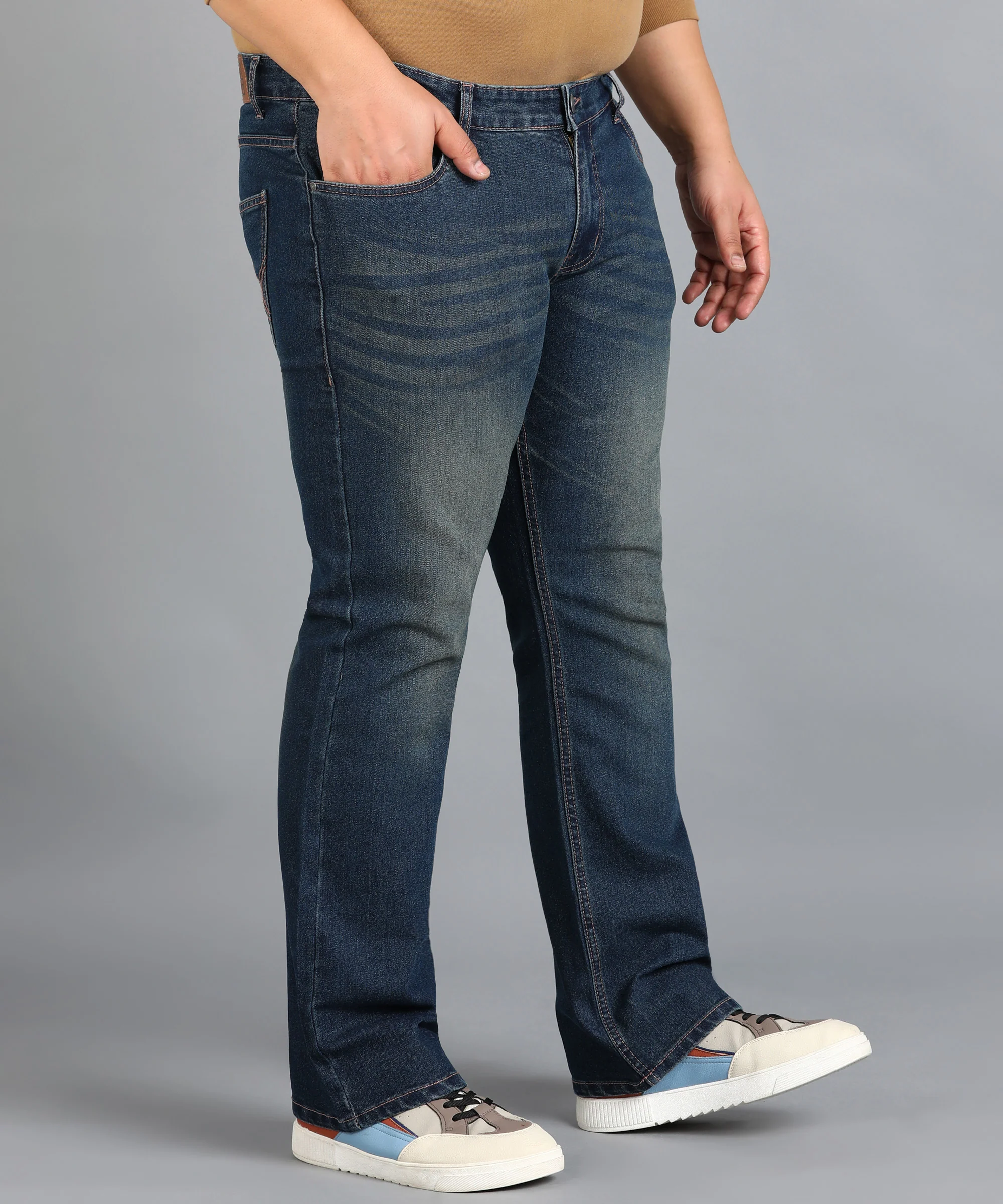 Plus Men's Blue Washed Bootcut Jeans Stretchable - Image 2
