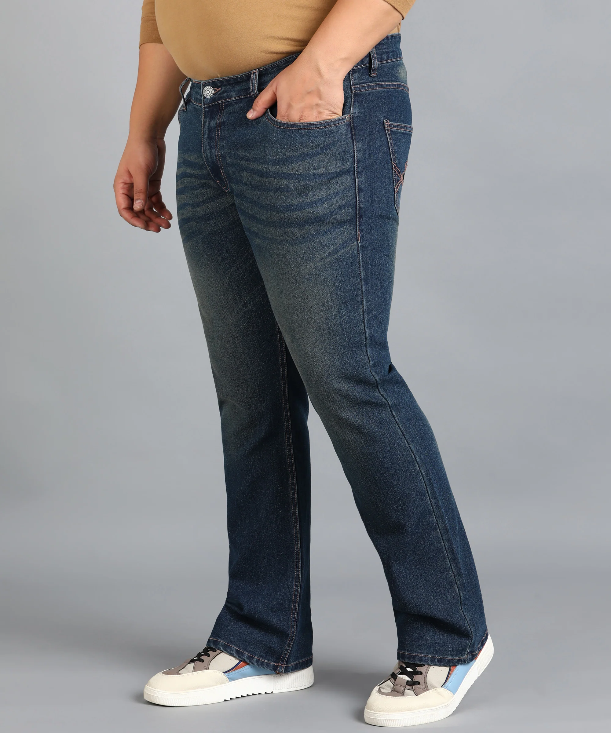 Plus Men's Blue Washed Bootcut Jeans Stretchable - Image 3