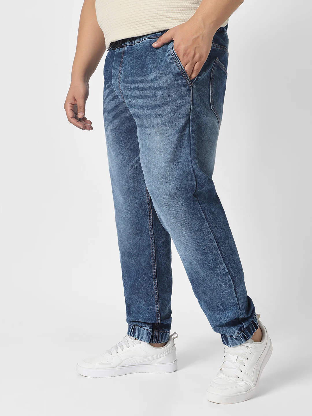 Plus Men's Blue Washed Jogger Jeans Regular Fit Stretch - Image 2