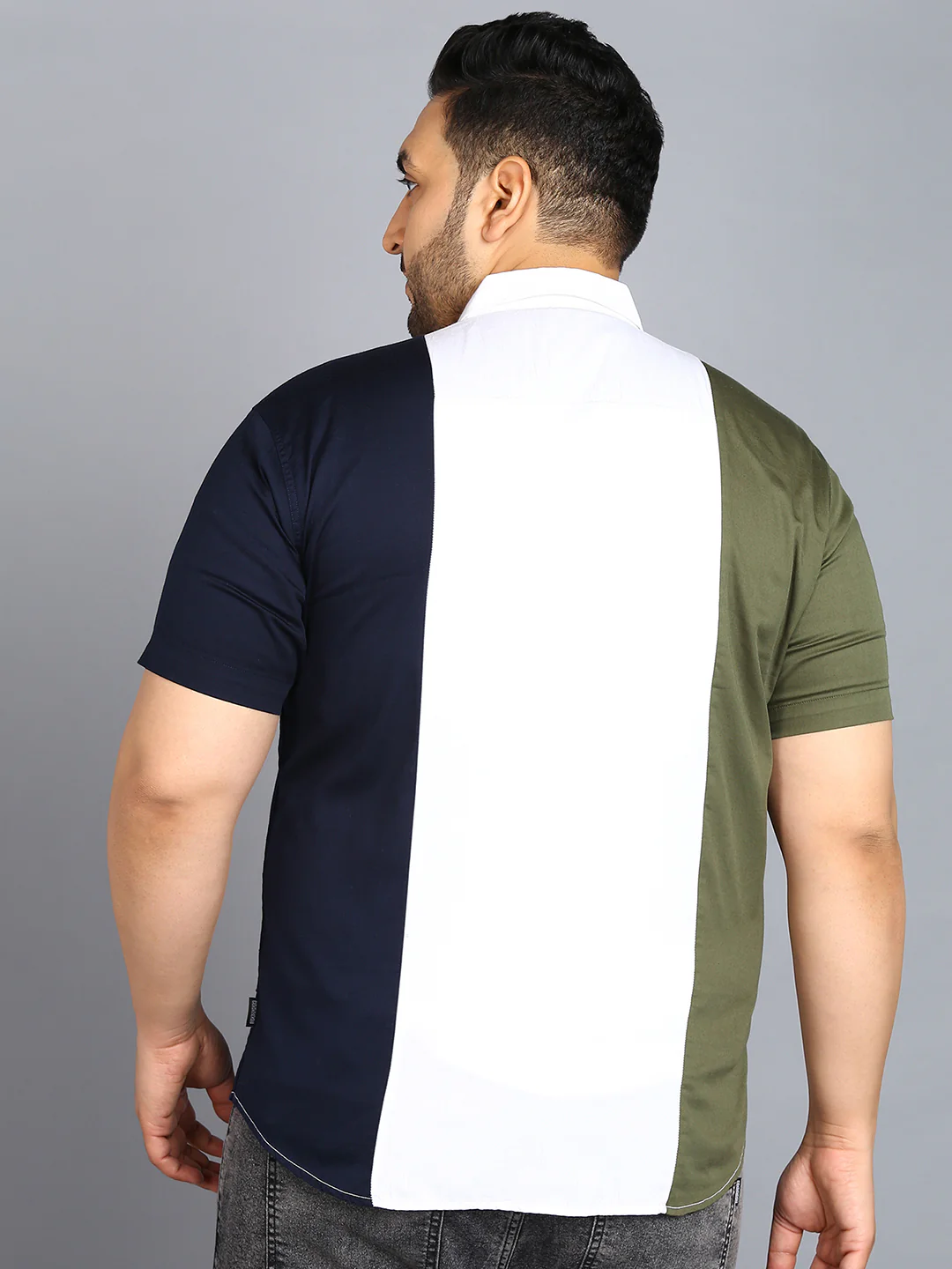 Plus Men's Blue, White, Green Cotton Half Sleeve Regular Fit Casual Colorblock Shirt - Image 3