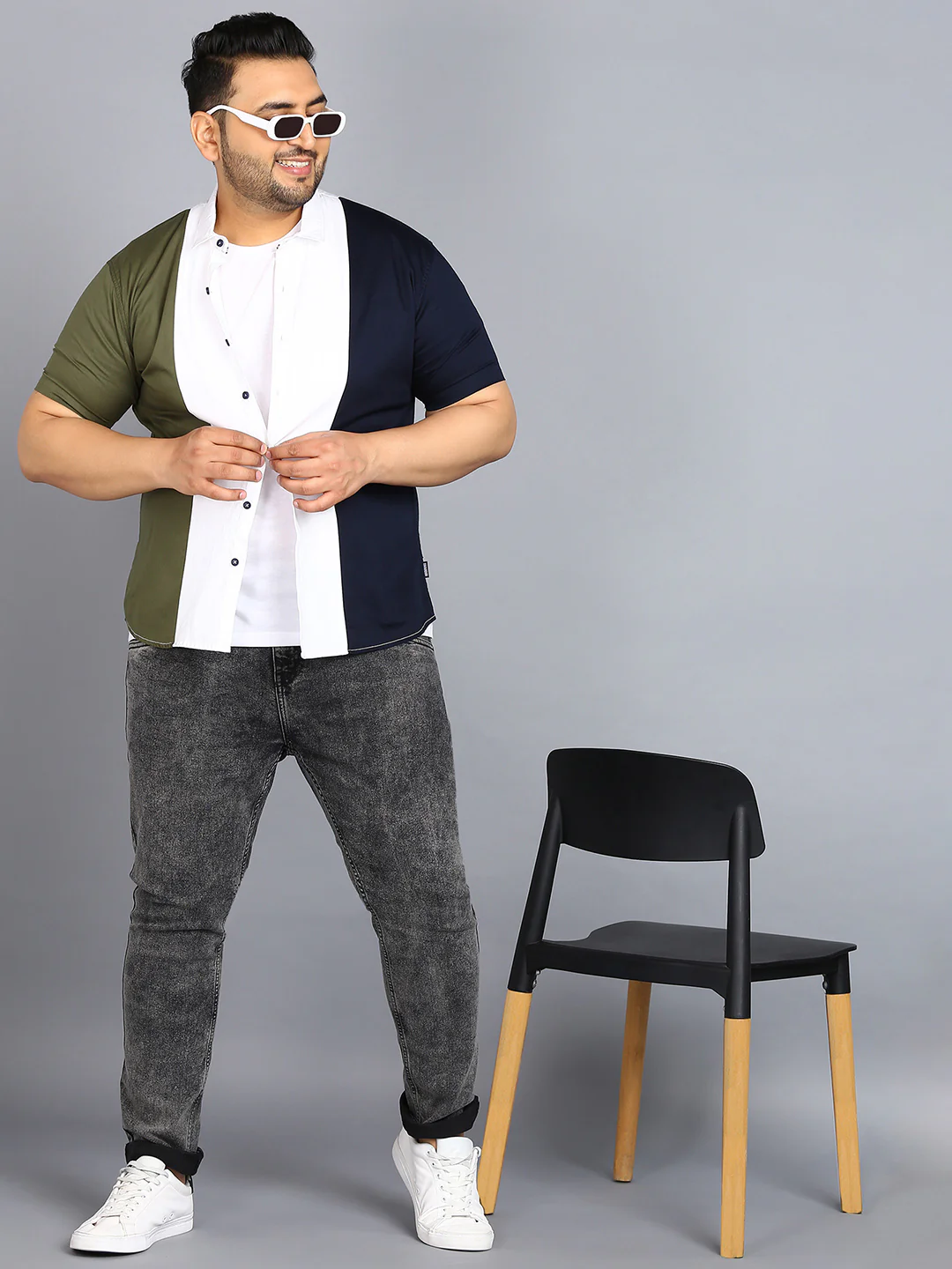 Plus Men's Blue, White, Green Cotton Half Sleeve Regular Fit Casual Colorblock Shirt - Image 4
