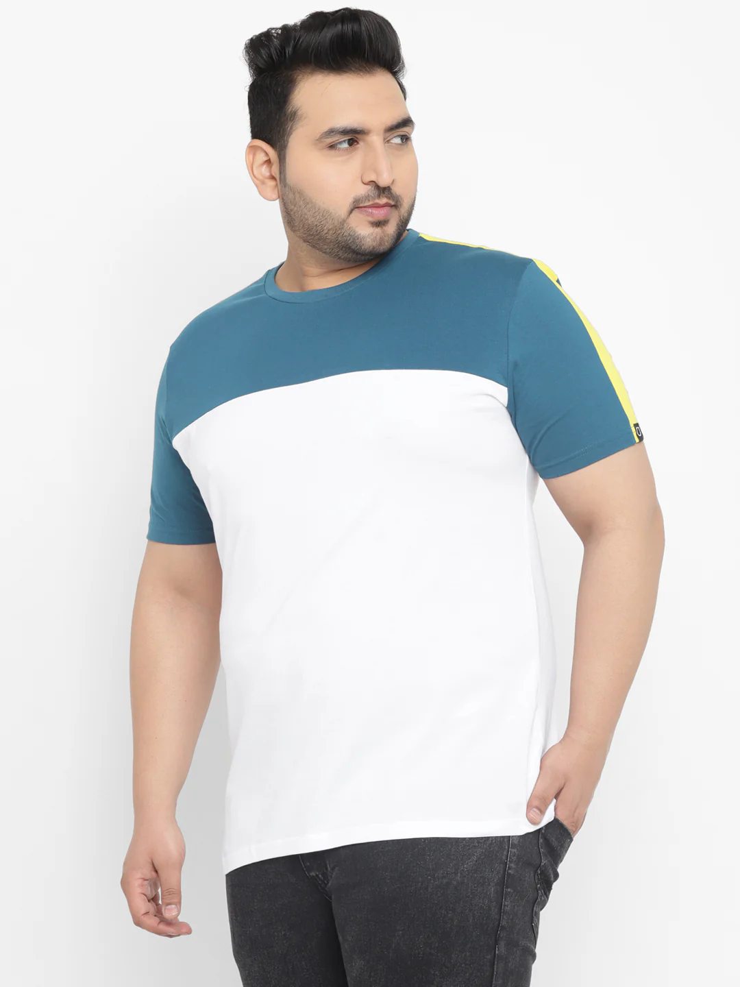 Plus Men's Blue, White, Yellow Color-Block Regular Fit Half Sleeve Cotton T-Shirt - Image 2