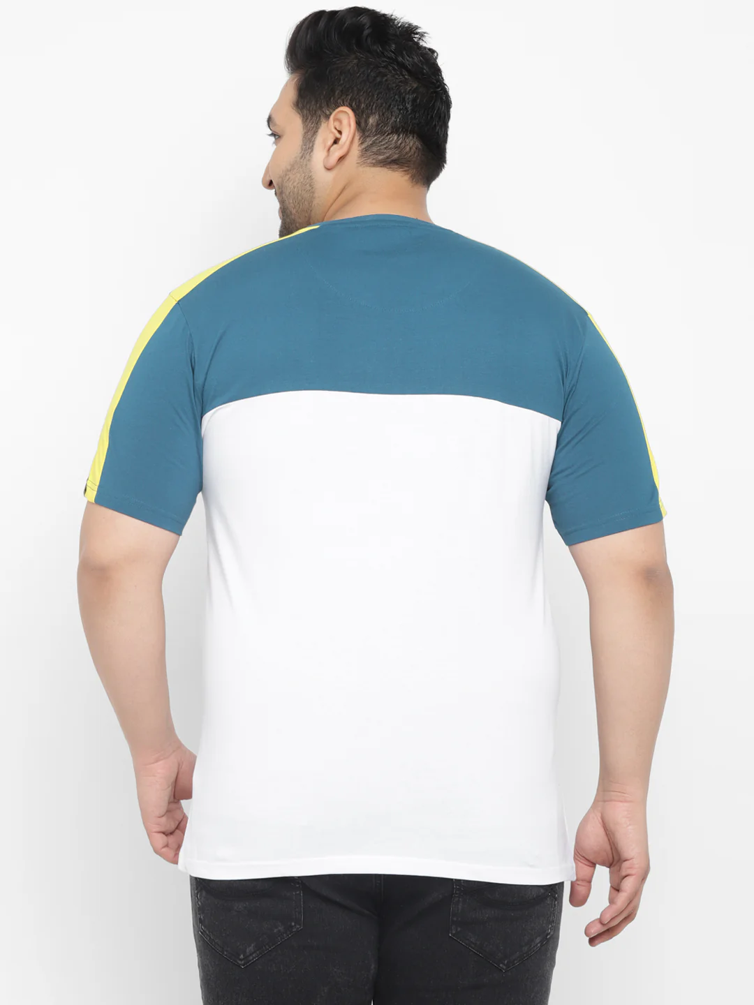 Plus Men's Blue, White, Yellow Color-Block Regular Fit Half Sleeve Cotton T-Shirt - Image 3