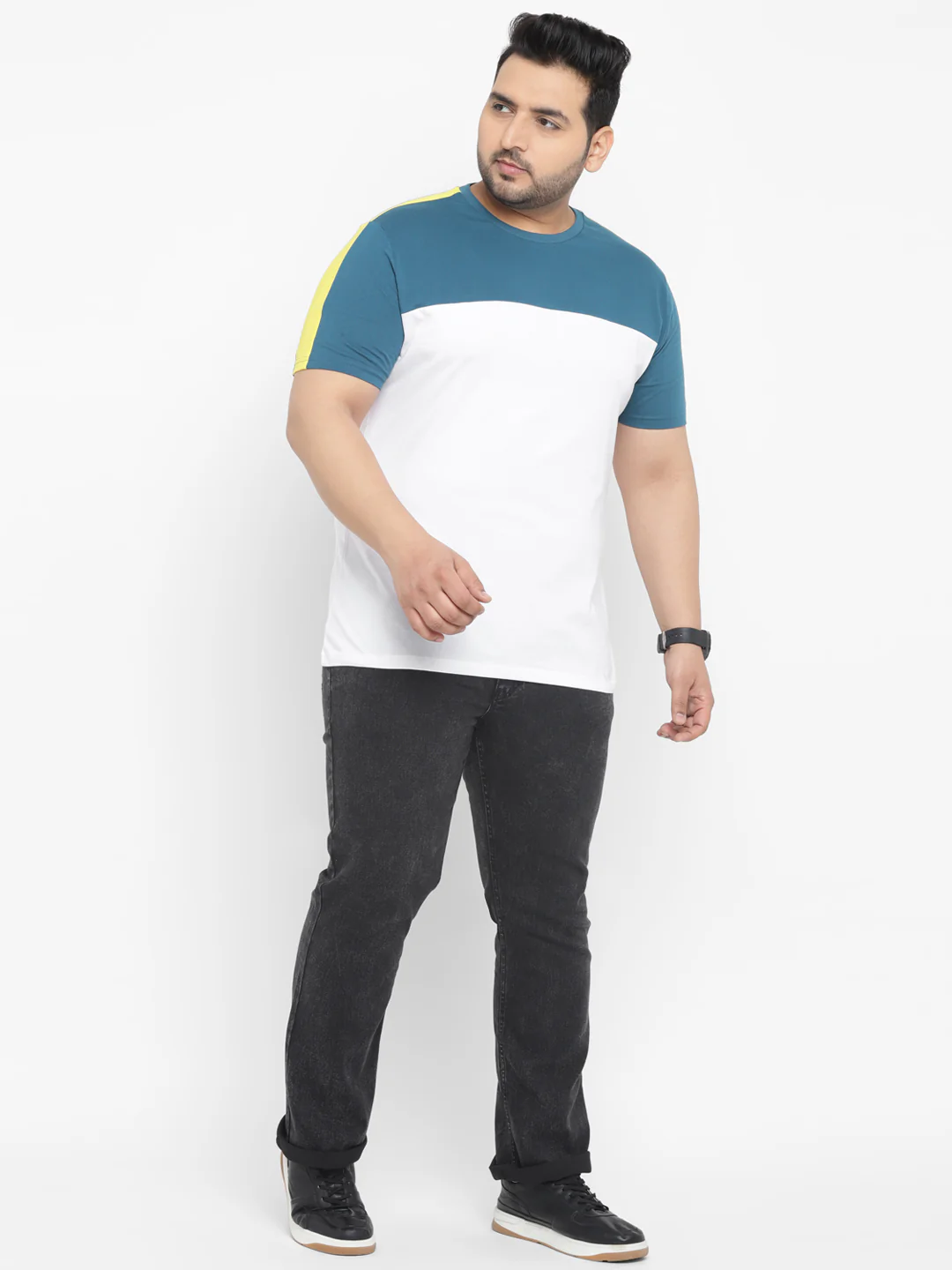 Plus Men's Blue, White, Yellow Color-Block Regular Fit Half Sleeve Cotton T-Shirt - Image 4