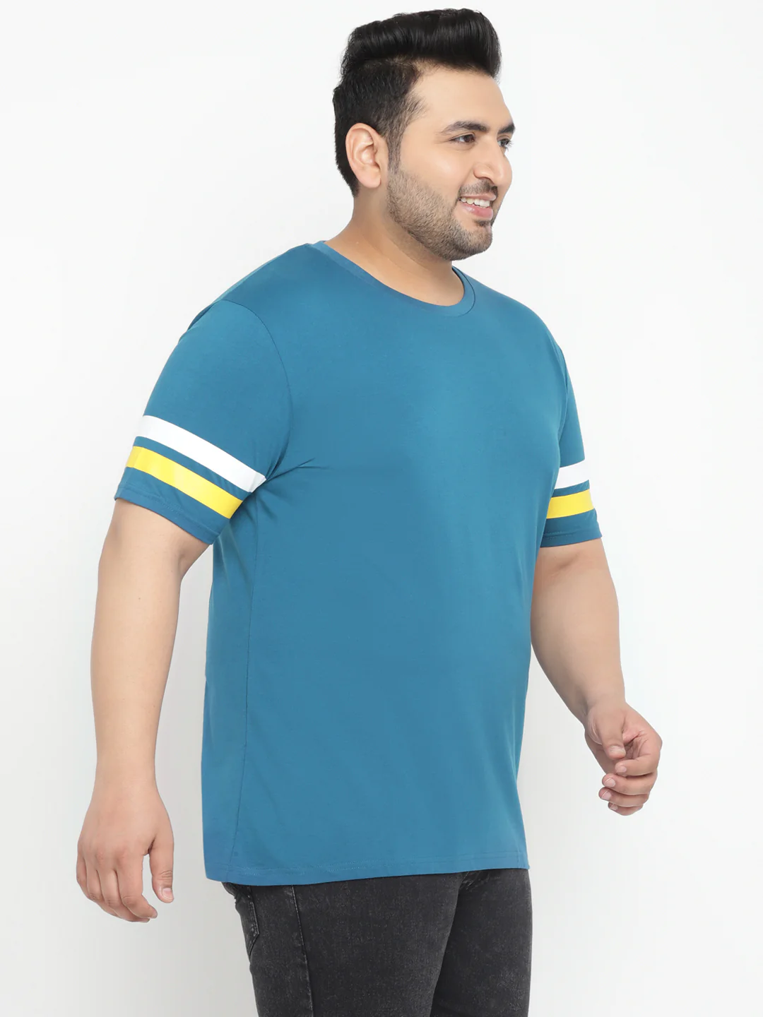 Plus Men's Blue, White, Yellow Color-Block Regular Fit Half Sleeve Cotton T-Shirt - Image 2