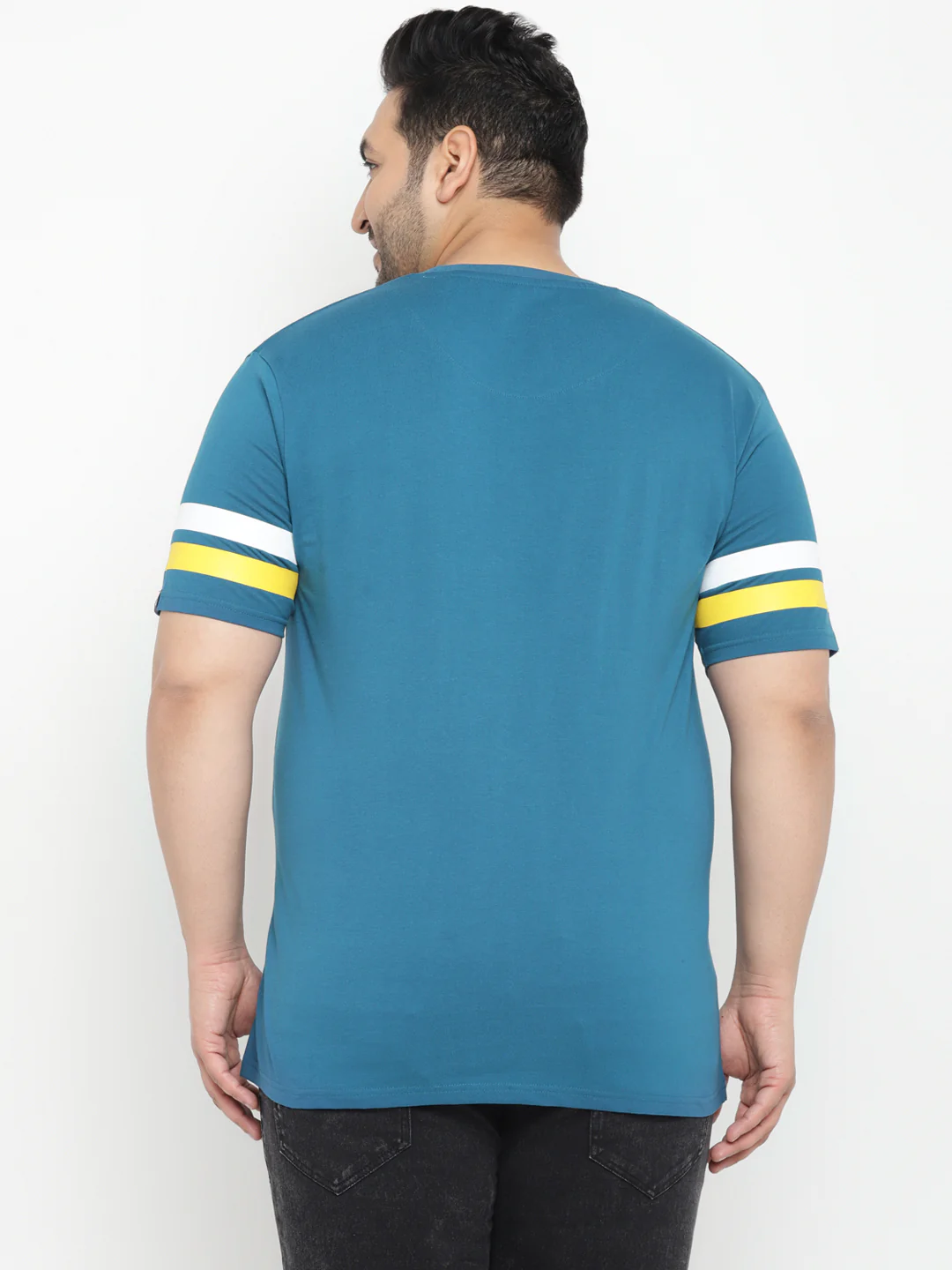 Plus Men's Blue, White, Yellow Color-Block Regular Fit Half Sleeve Cotton T-Shirt - Image 3