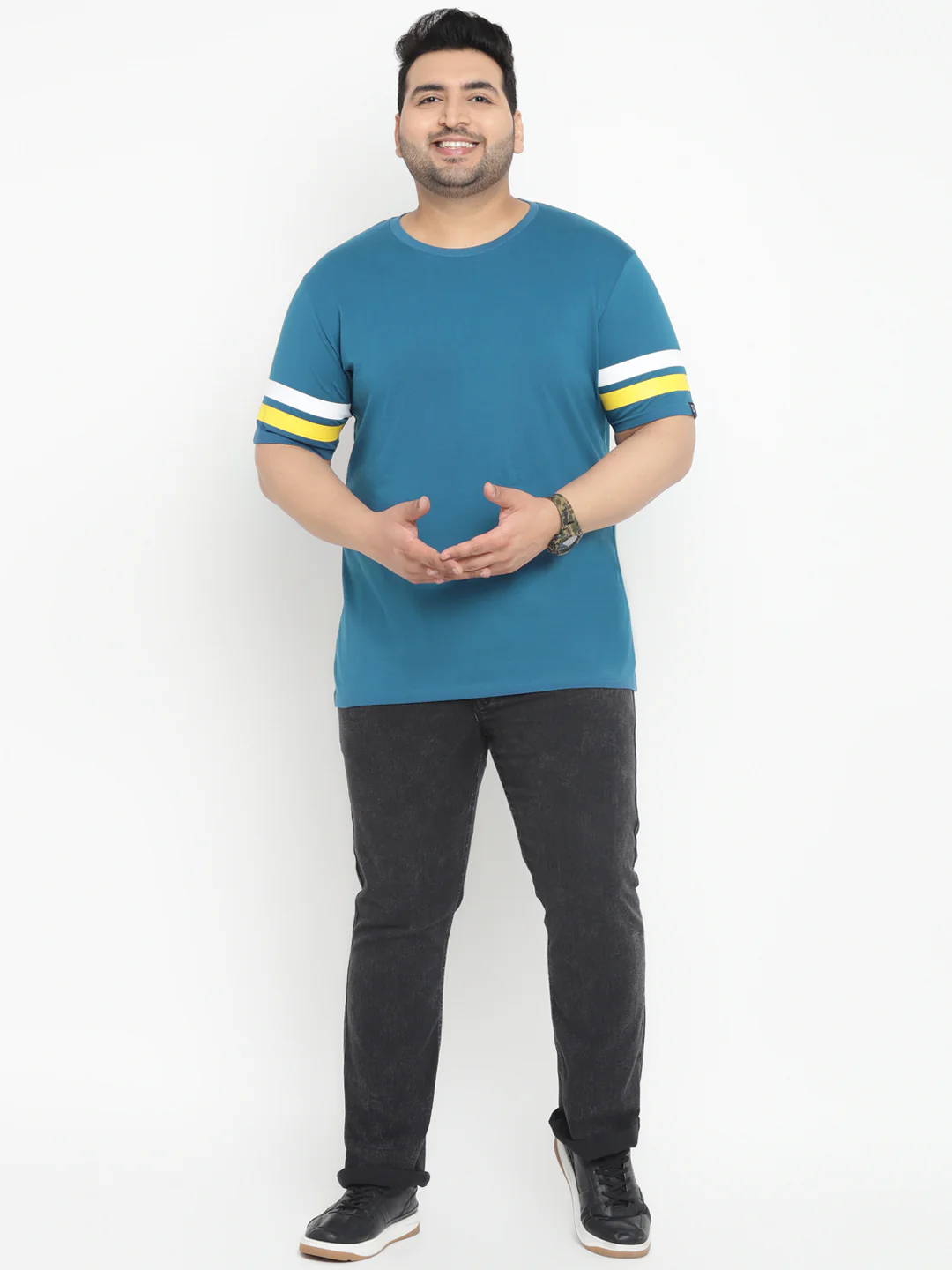 Plus Men's Blue, White, Yellow Color-Block Regular Fit Half Sleeve Cotton T-Shirt - Image 4
