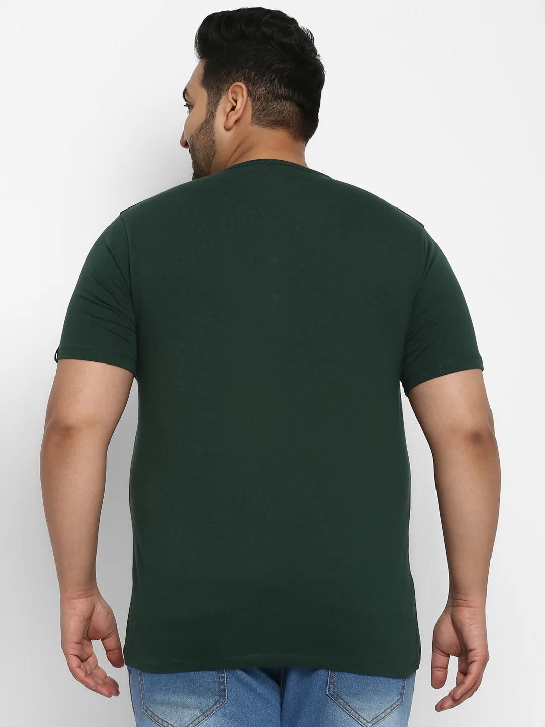 Plus Men's Bottle Green Solid Henley Neck Regular Fit Half Sleeve Cotton T-Shirt - Image 2