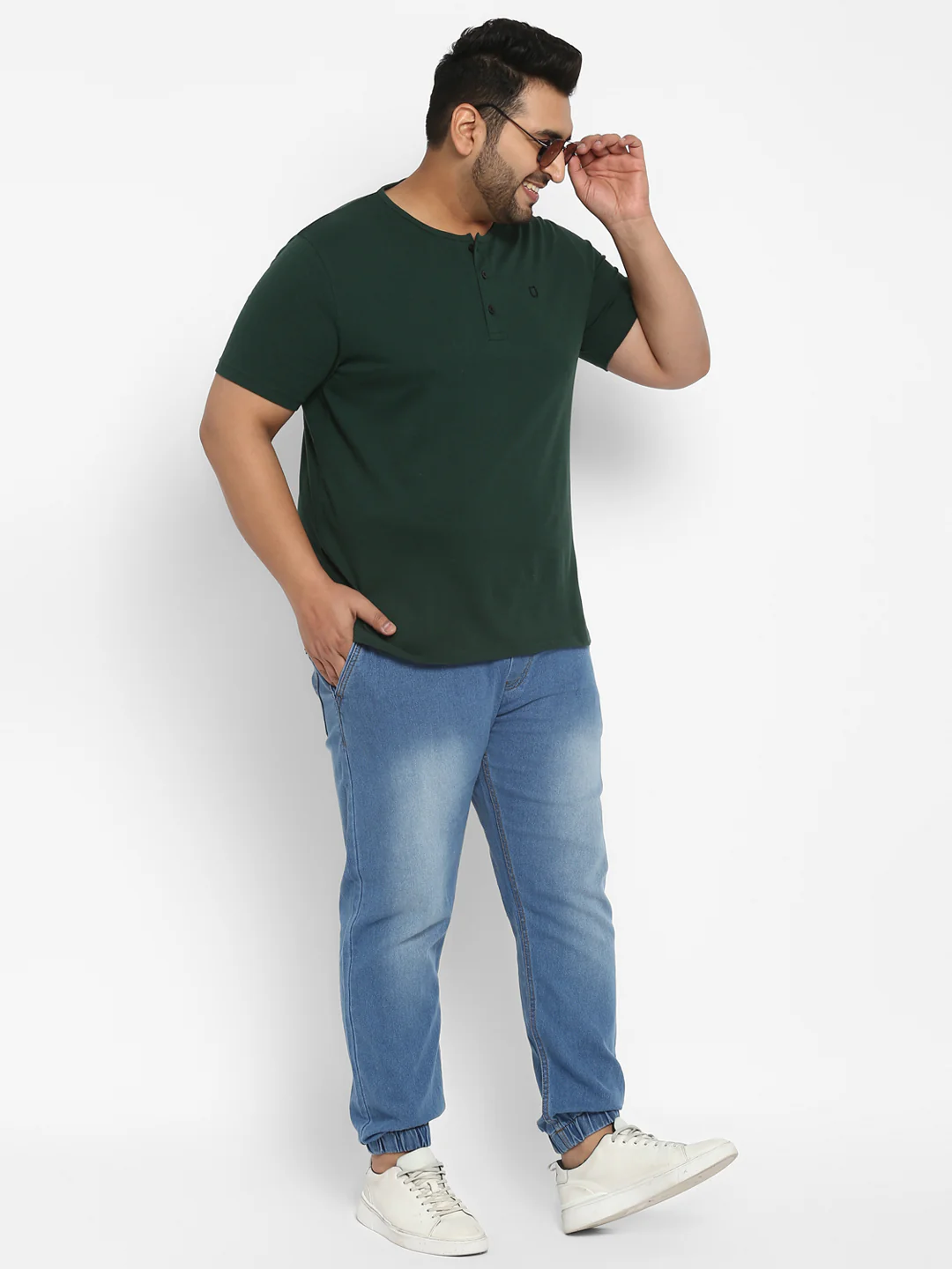 Plus Men's Bottle Green Solid Henley Neck Regular Fit Half Sleeve Cotton T-Shirt - Image 3