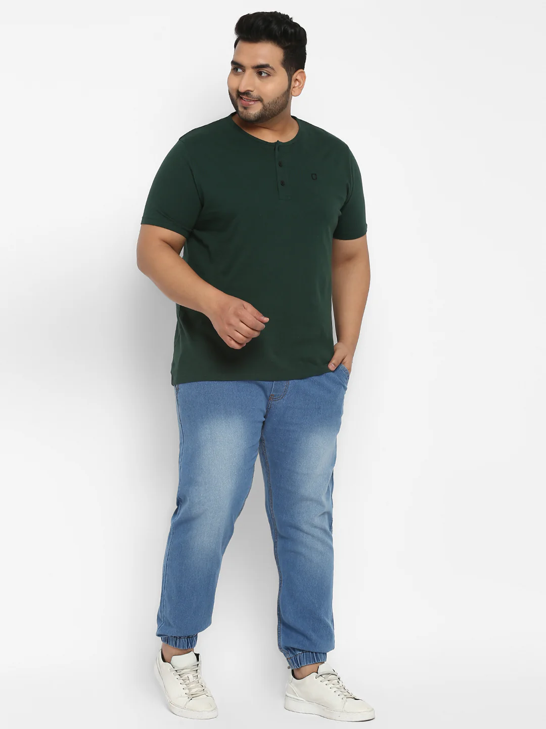 Plus Men's Bottle Green Solid Henley Neck Regular Fit Half Sleeve Cotton T-Shirt - Image 4