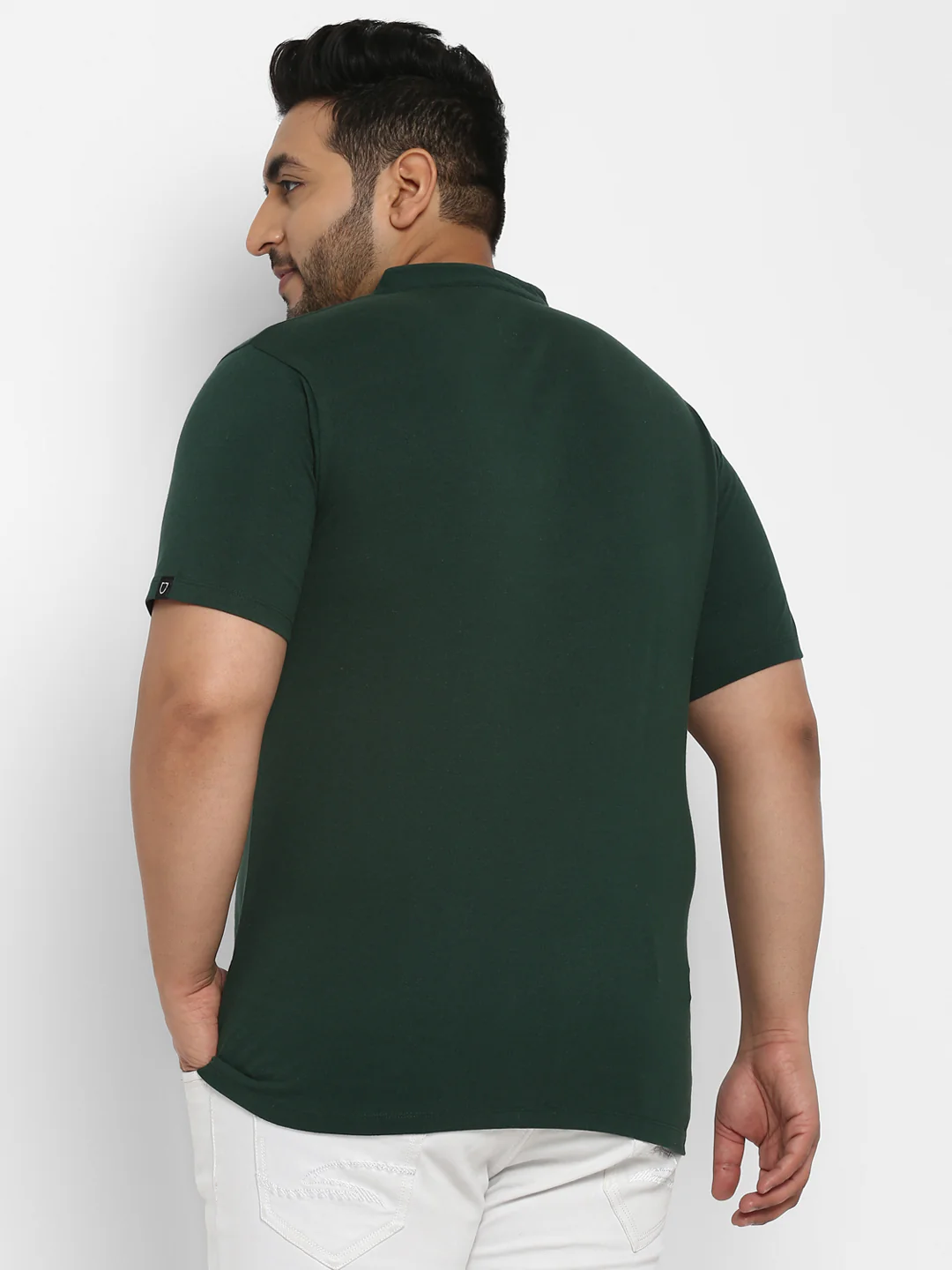 Plus Men's Bottle Green Solid Mandarin Collar Regular Fit Half Sleeve Cotton T-Shirt - Image 3
