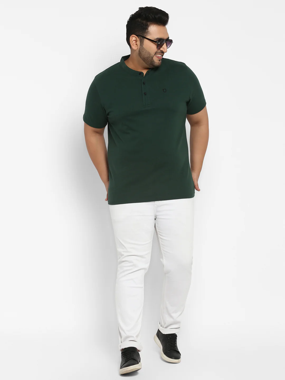 Plus Men's Bottle Green Solid Mandarin Collar Regular Fit Half Sleeve Cotton T-Shirt - Image 4