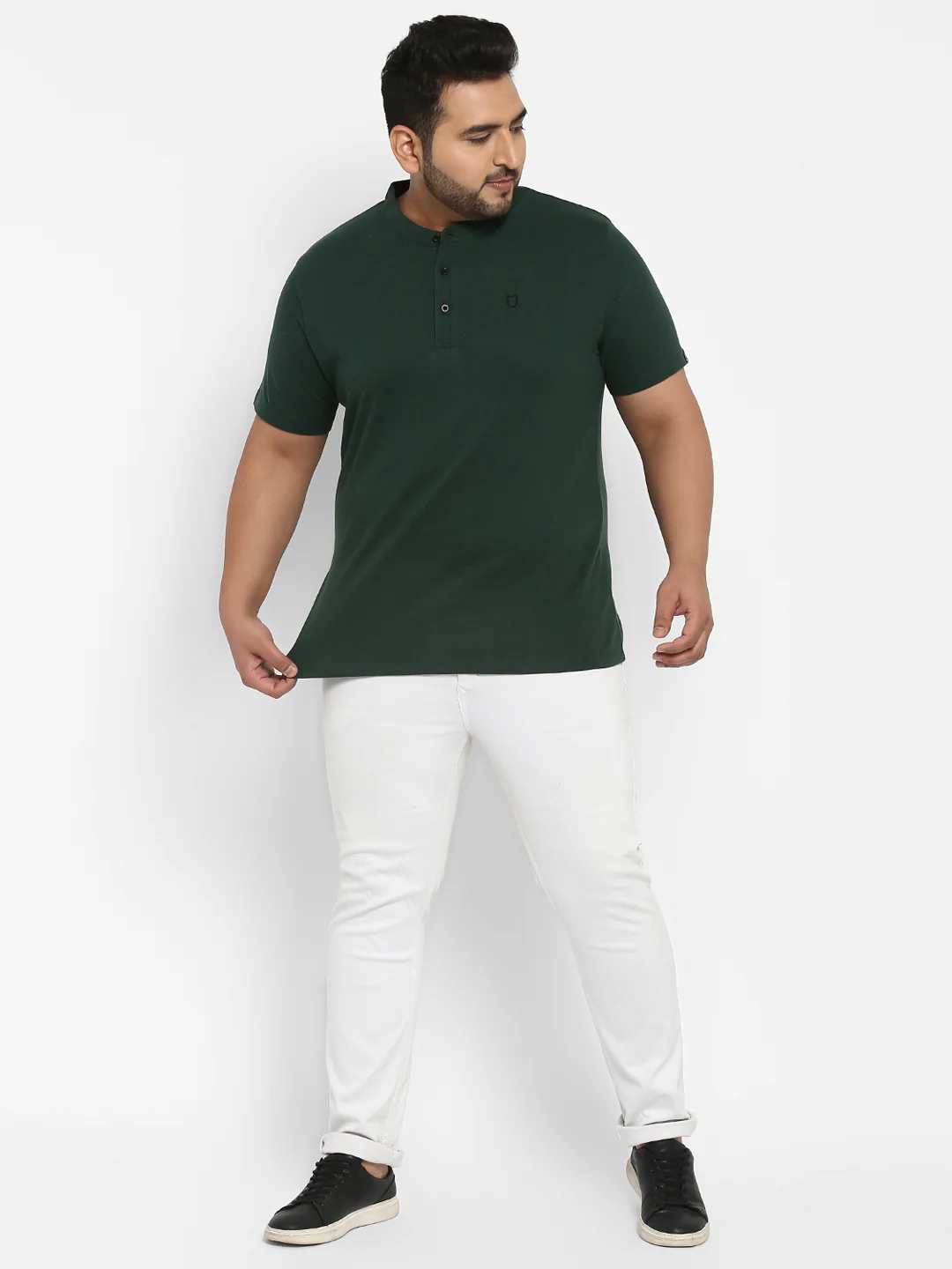 Plus Men's Bottle Green Solid Mandarin Collar Regular Fit Half Sleeve Cotton T-Shirt - Image 5