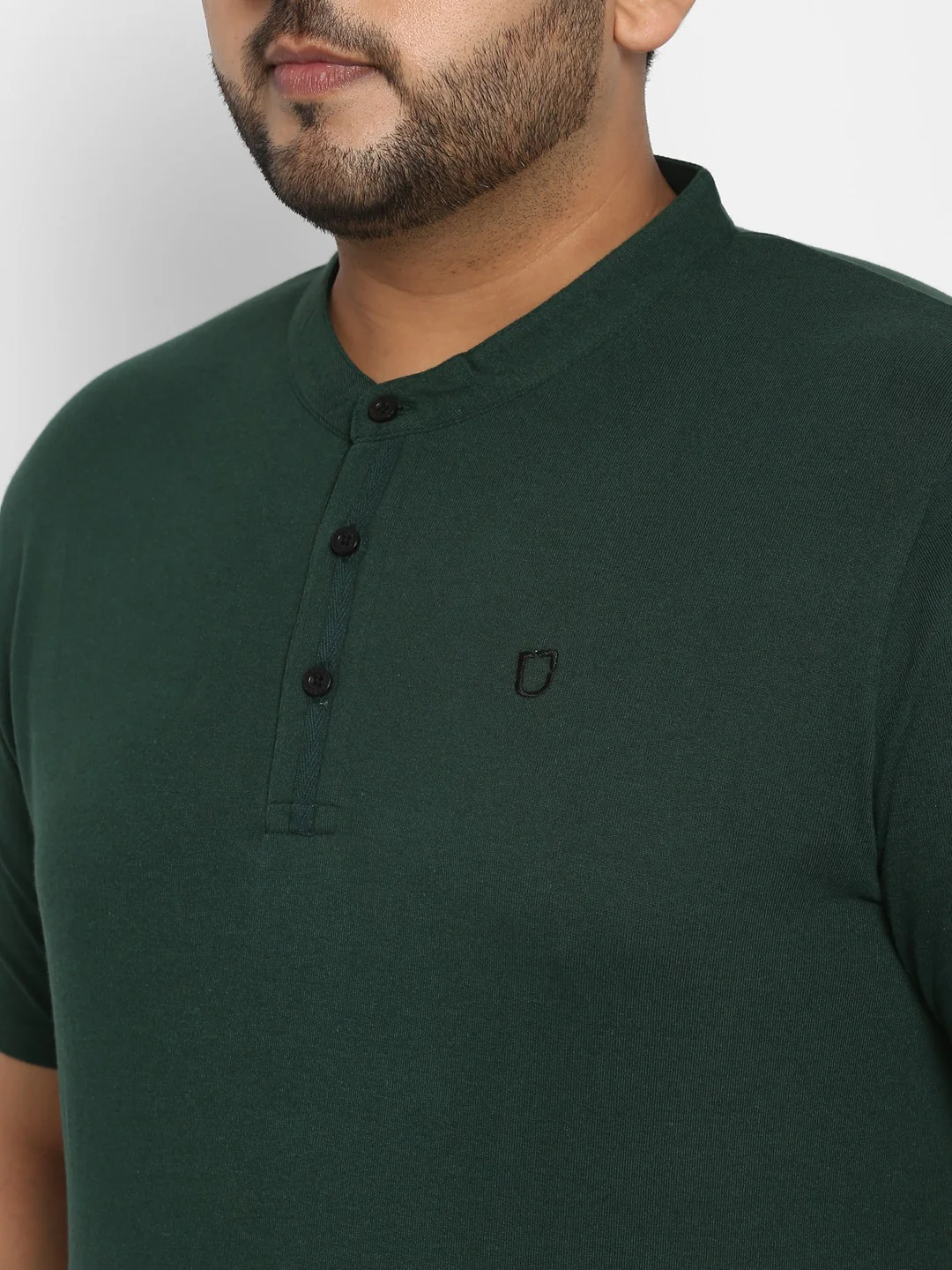 Plus Men's Bottle Green Solid Mandarin Collar Regular Fit Half Sleeve Cotton T-Shirt - Image 6
