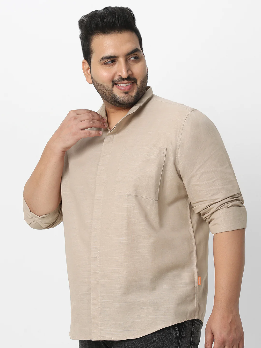 Men's Brown Cotton Full Sleeve Regular Fit Casual Solid Shirt with Band Collar - Image 3