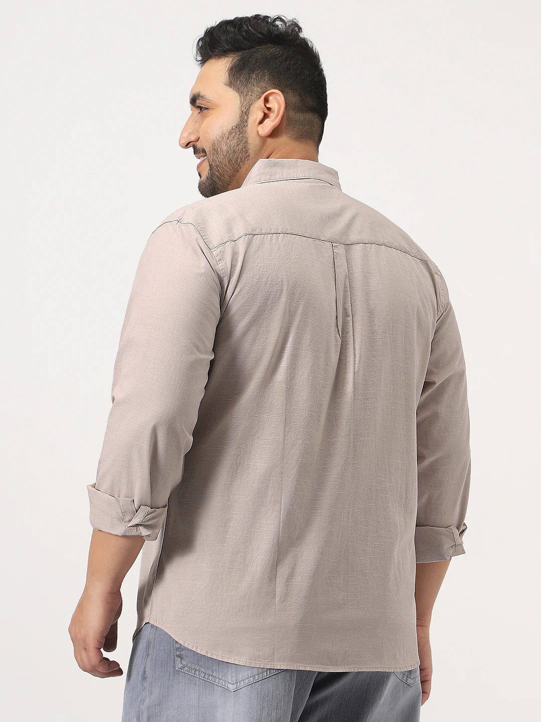 Plus Men's Brown Cotton Full Sleeve Regular Fit Casual Solid Slub Shirt with Spread Collar - Image 3