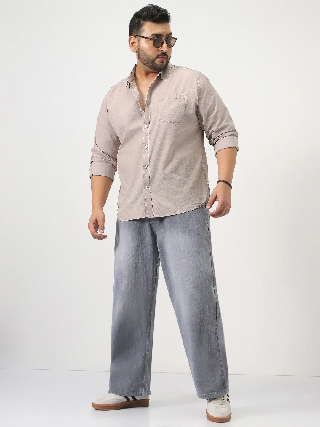 Plus Men's Brown Cotton Full Sleeve Regular Fit Casual Solid Slub Shirt with Spread Collar - Image 4