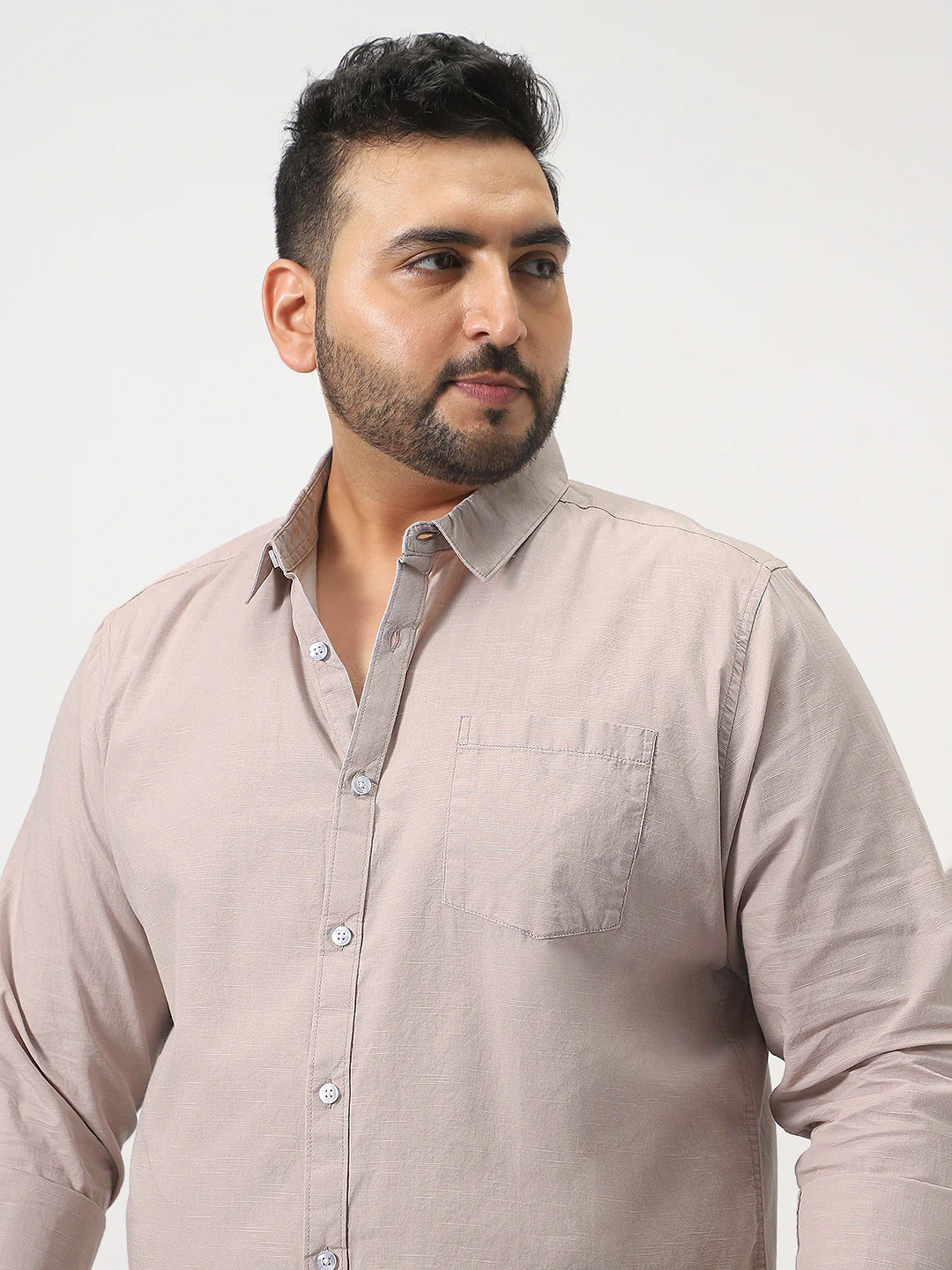 Plus Men's Brown Cotton Full Sleeve Regular Fit Casual Solid Slub Shirt with Spread Collar - Image 5