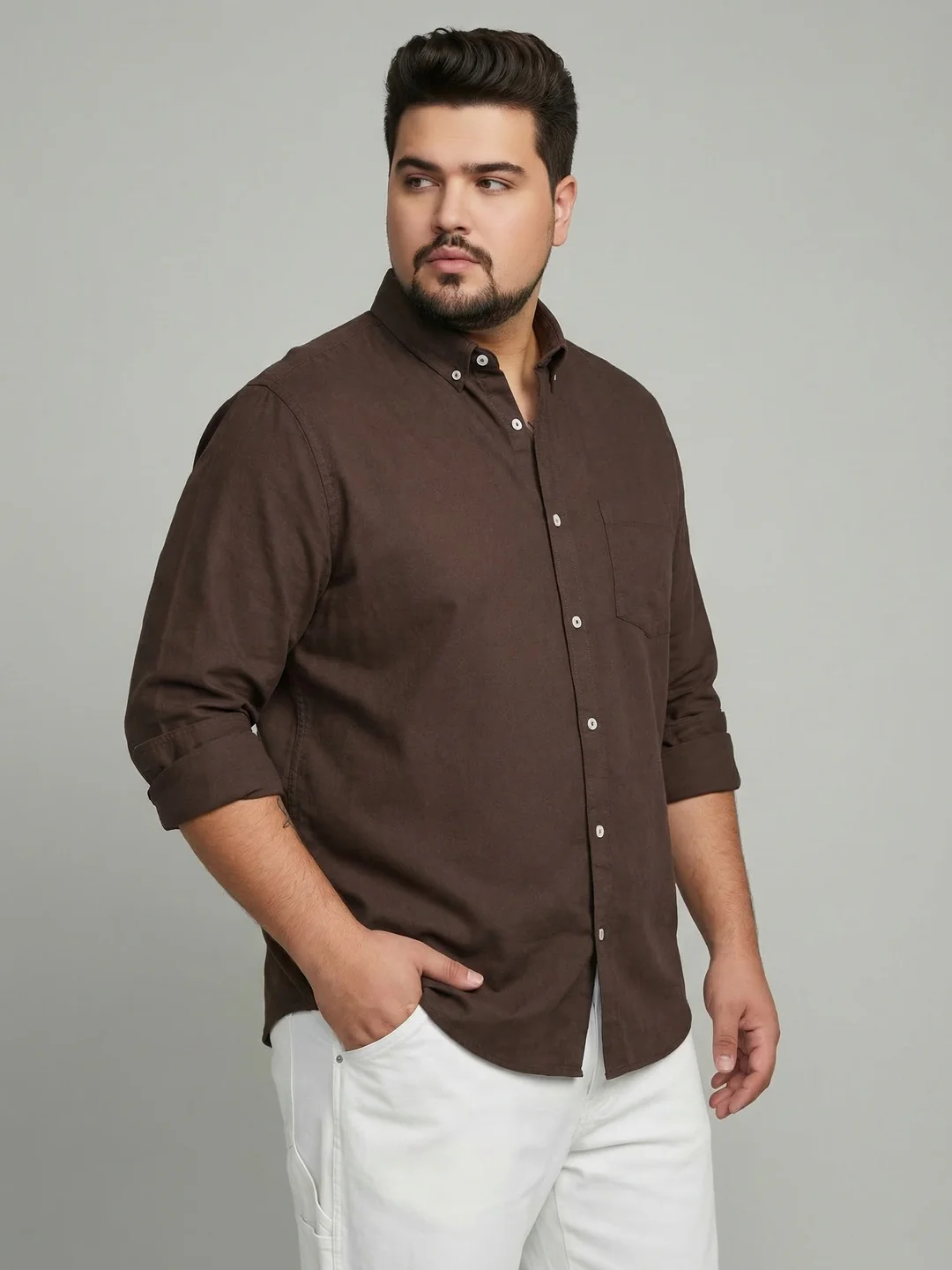 Plus Men's Brown Cotton Full Sleeve Regular Fit Solid Oxford Shirt With Button-Down Collar - Image 2